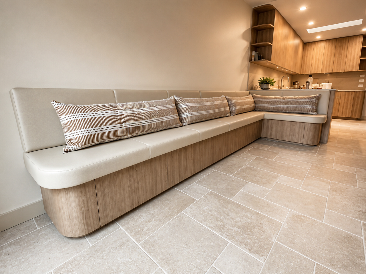 Custom built-in banquette seating upholstery by CJOR Upholstery